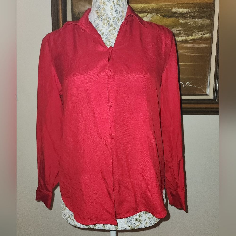Vintage Red Silk Button Up Blouse By Dimensions